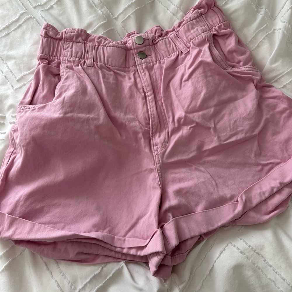 h&m pink paper bag high waisted denim shorts